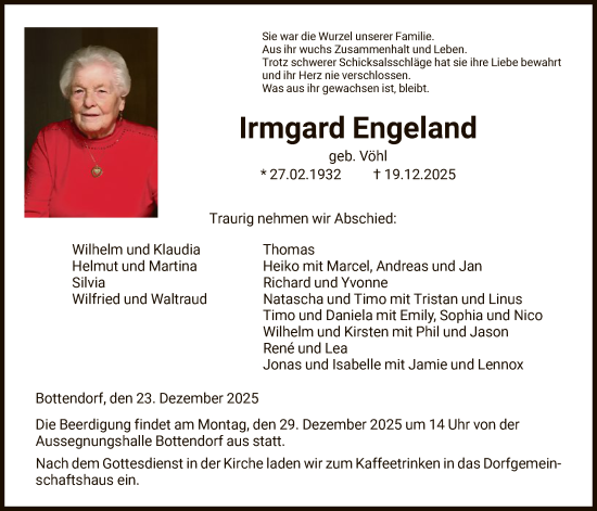 Traueranzeige von Irmgard Engeland von HNA