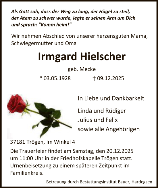 Traueranzeige von Irmgard Hielscher von HNA