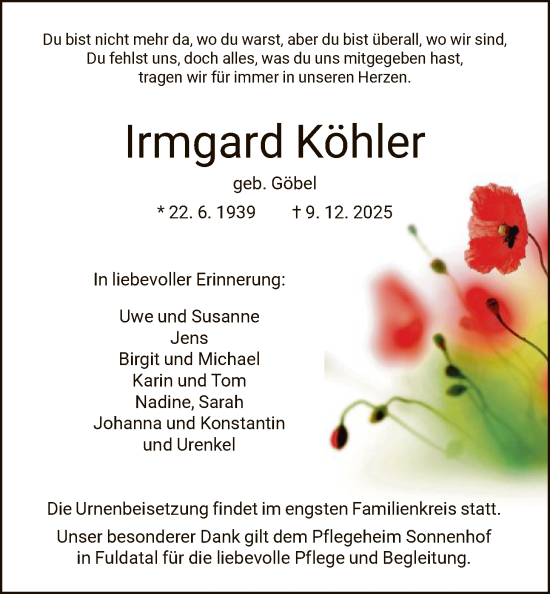 Traueranzeige von Irmgard Köhler von HNA