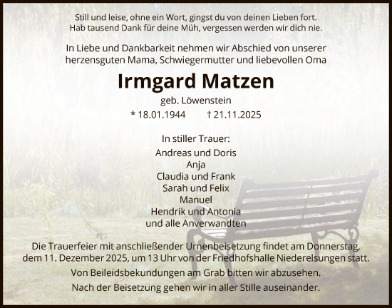Traueranzeige von Irmgard Matzen von HNA