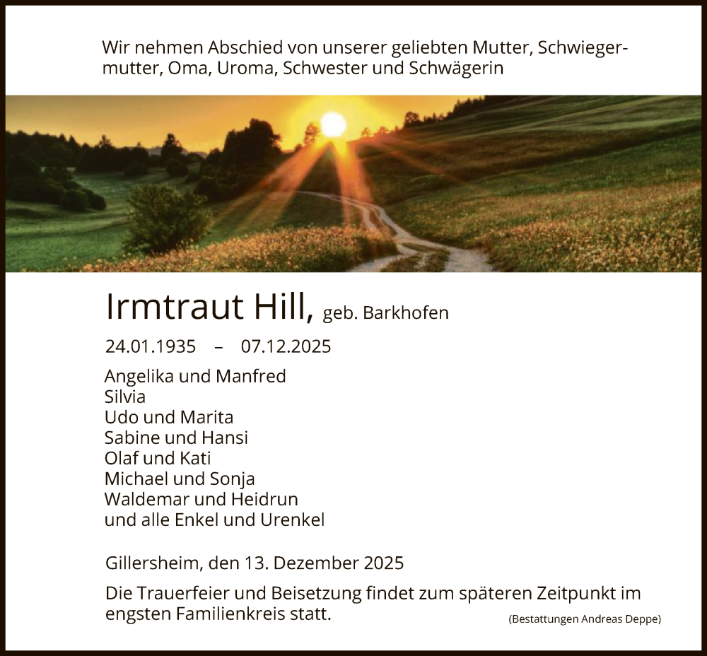  Traueranzeige für Irmtraut Hill vom 13.12.2025 aus HNA