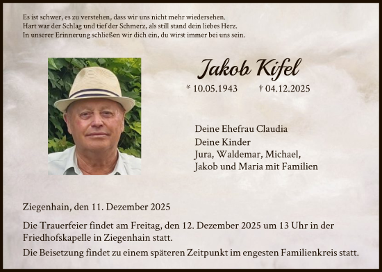 Traueranzeige von Jakob Kifel von HNA