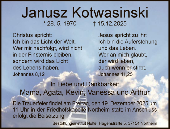 Traueranzeige von Janusz Kotwasinski von HNA