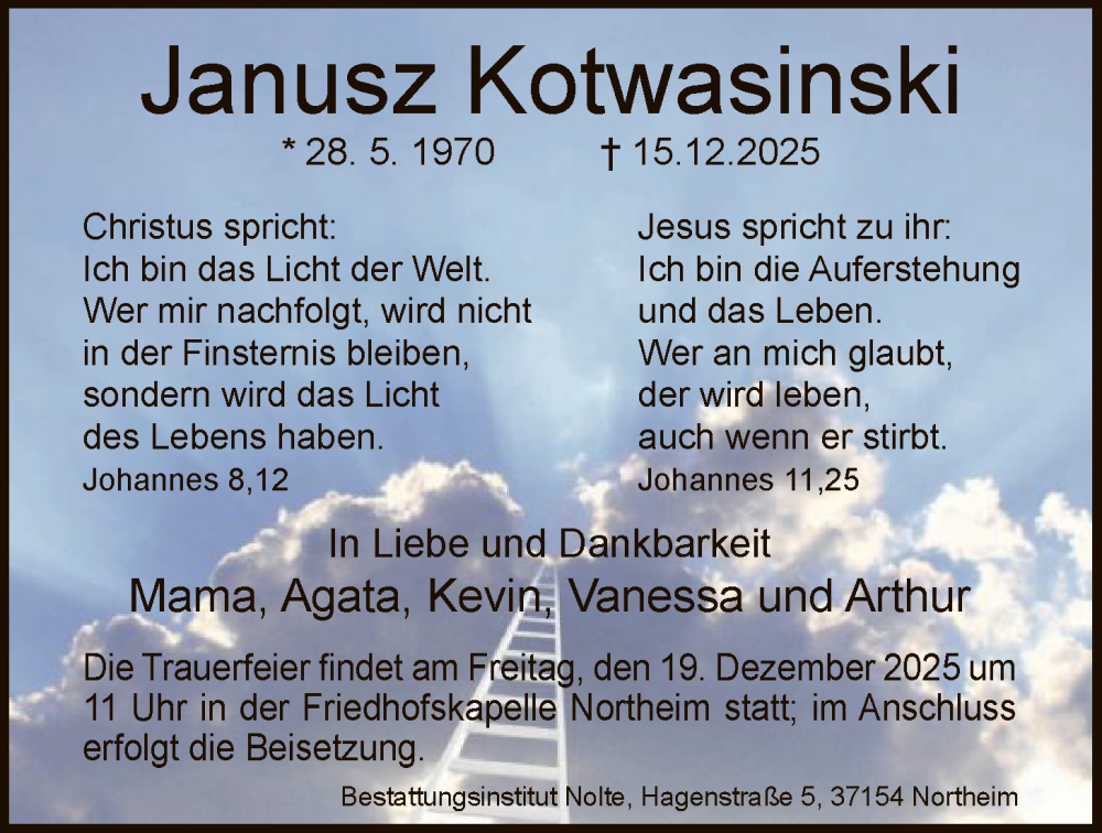  Traueranzeige für Janusz Kotwasinski vom 17.12.2025 aus HNA
