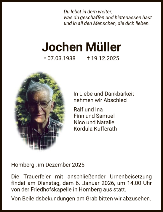 Traueranzeige von Jochen Müller von HNA