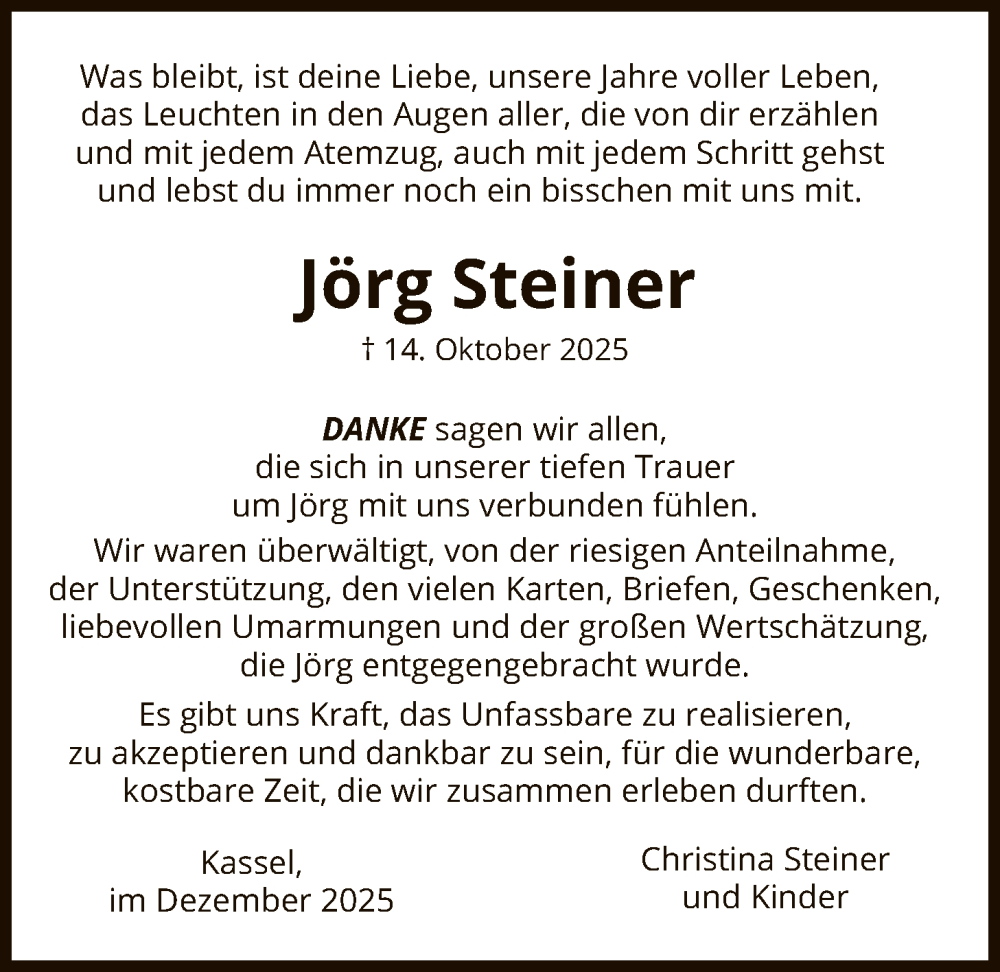  Traueranzeige für Jörg Steiner vom 06.12.2025 aus HNA