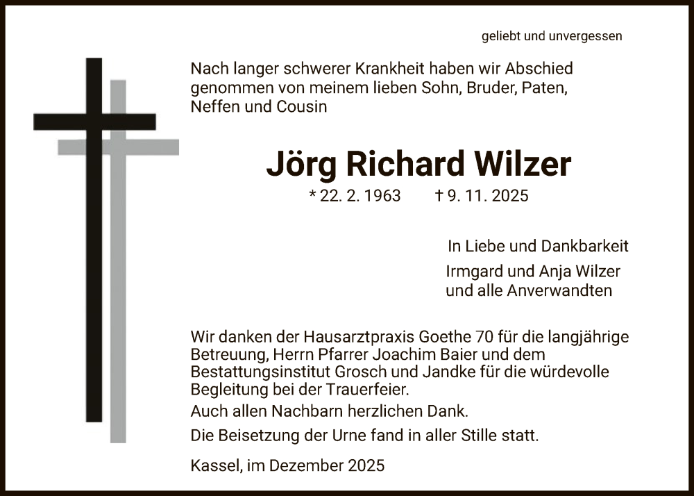  Traueranzeige für Jörg Richard Wilzer vom 20.12.2025 aus HNA