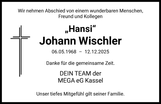 Traueranzeige von Johann Wischler von HNA