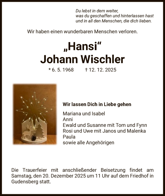 Traueranzeige von Johann Wischler von HNA