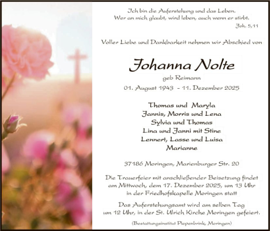 Traueranzeige von Johanna Nolte von HNA