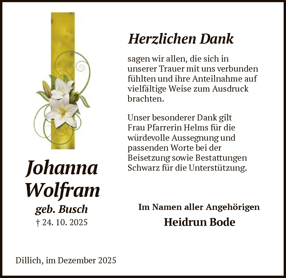  Traueranzeige für Johanna Wolfram vom 06.12.2025 aus HNA