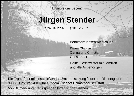 Traueranzeige von Jürgen Stender von HNHNA