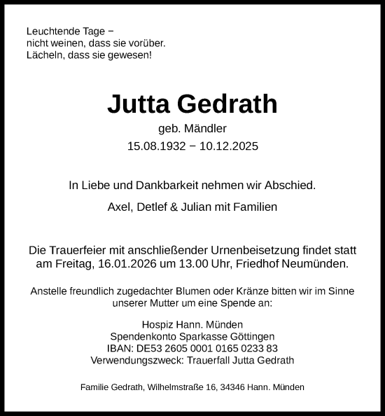 Traueranzeige von Jutta Gedrath von HNA
