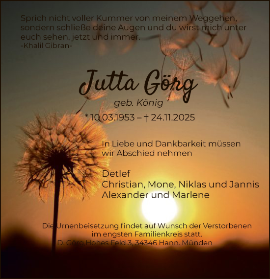 Traueranzeige von Jutta Görg von HNA