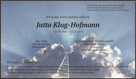 Traueranzeige von Jutta Klug-Hofmann von HNA