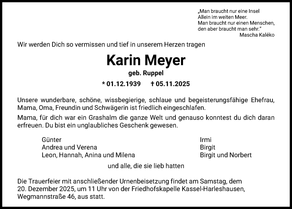  Traueranzeige für Karin Meyer vom 06.12.2025 aus HNA