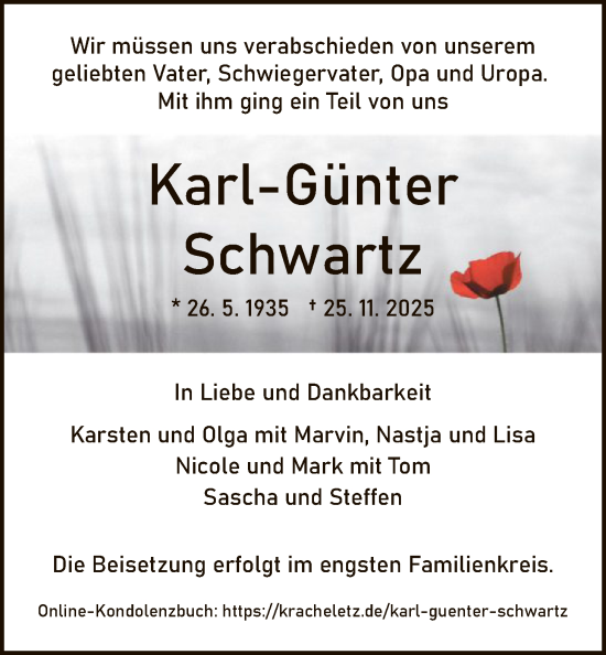 Traueranzeige von Karl-Günter Schwartz von HNA