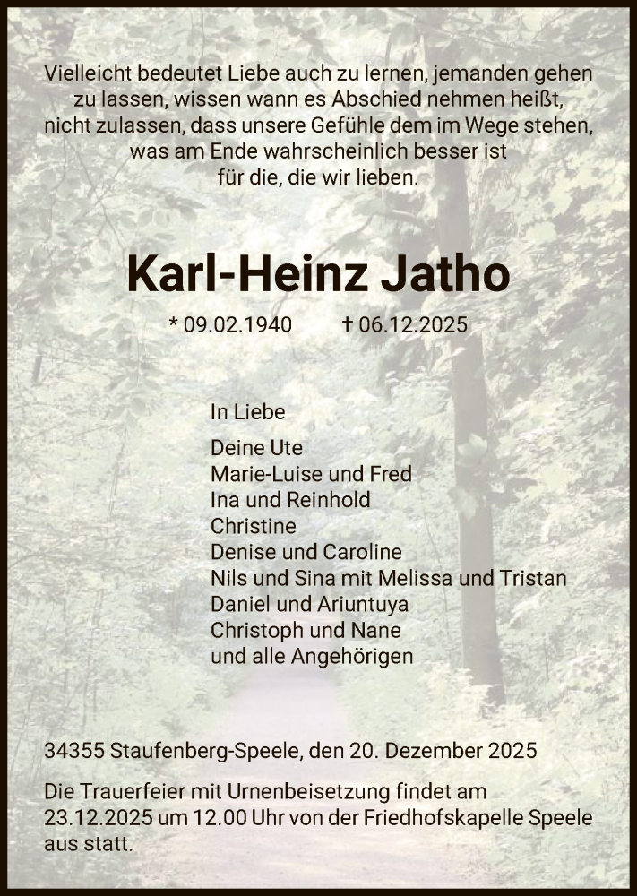  Traueranzeige für Karl-Heinz Jatho vom 20.12.2025 aus HNA
