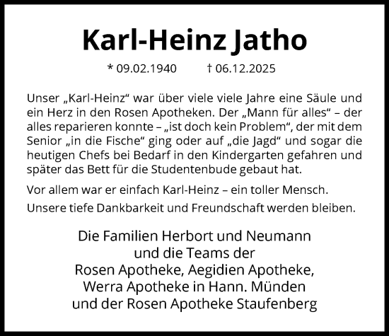 Traueranzeige von Karl-Heinz Jatho von HNA
