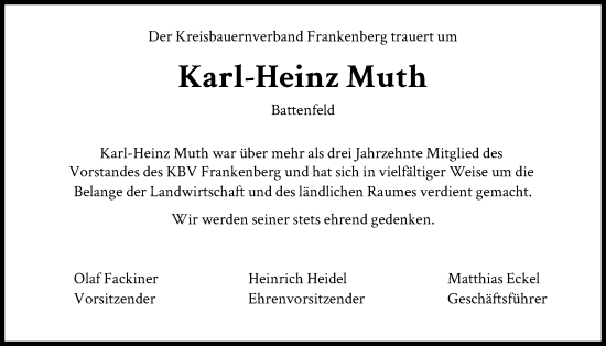 Traueranzeige von Karl-Heinz Muth von HNA