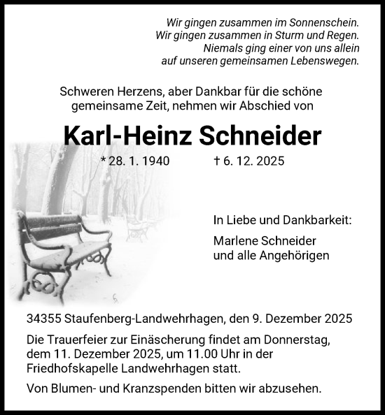 Traueranzeige von Karl-Heinz Schneider von HNA