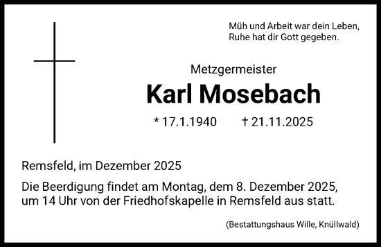 Traueranzeige von Karl Mosebach von HNA