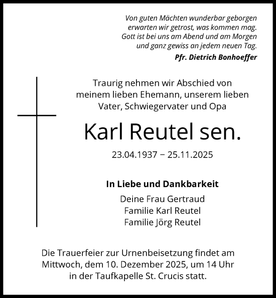 Traueranzeige von Karl Reutel von HNA