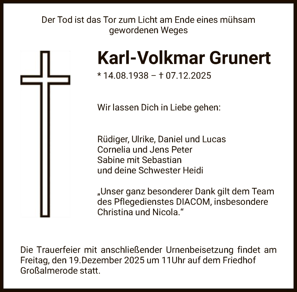  Traueranzeige für Karl-Volkmar Grunert vom 13.12.2025 aus HNA