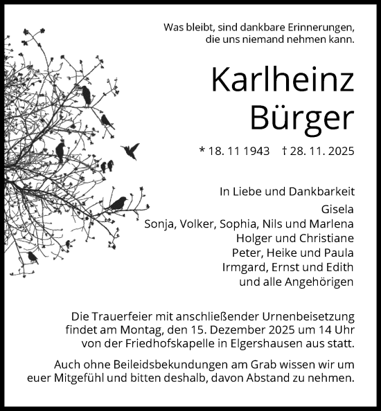 Traueranzeige von Karlheinz Bürger von HNA