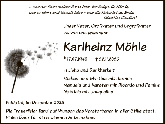 Traueranzeige von Karlheinz Möhle von HNA