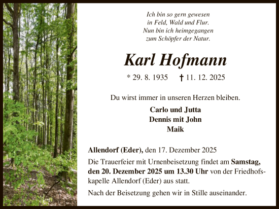 Traueranzeige von Karl Hofmann Hofmann von HNA