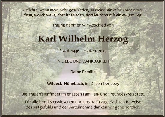 Traueranzeige von Karl Wilhelm Herzog von HZHNA