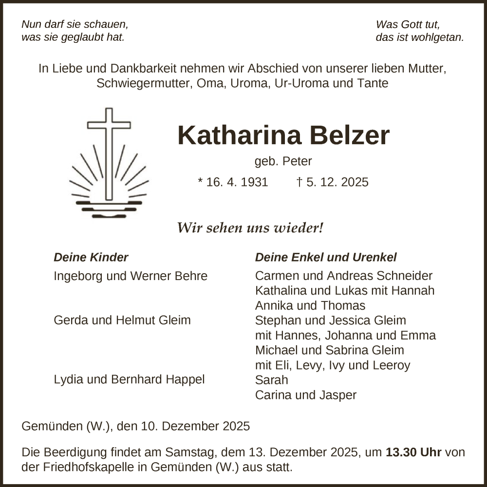  Traueranzeige für Katharina Belzer vom 10.12.2025 aus HNA
