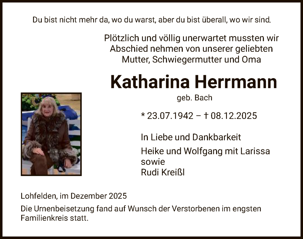  Traueranzeige für Katharina Herrmann vom 20.12.2025 aus HNA