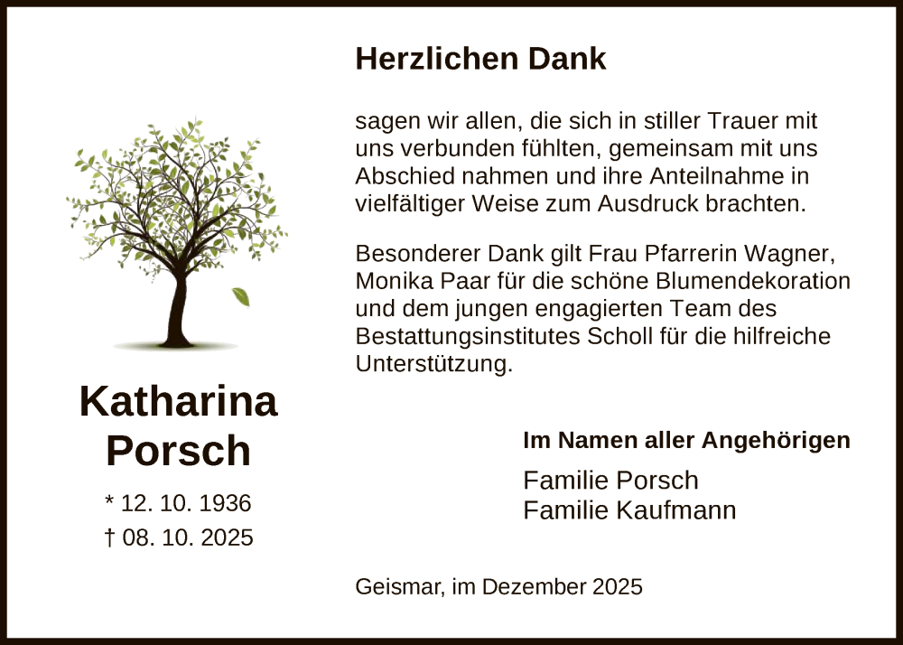  Traueranzeige für Katharina Porsch vom 06.12.2025 aus HNA