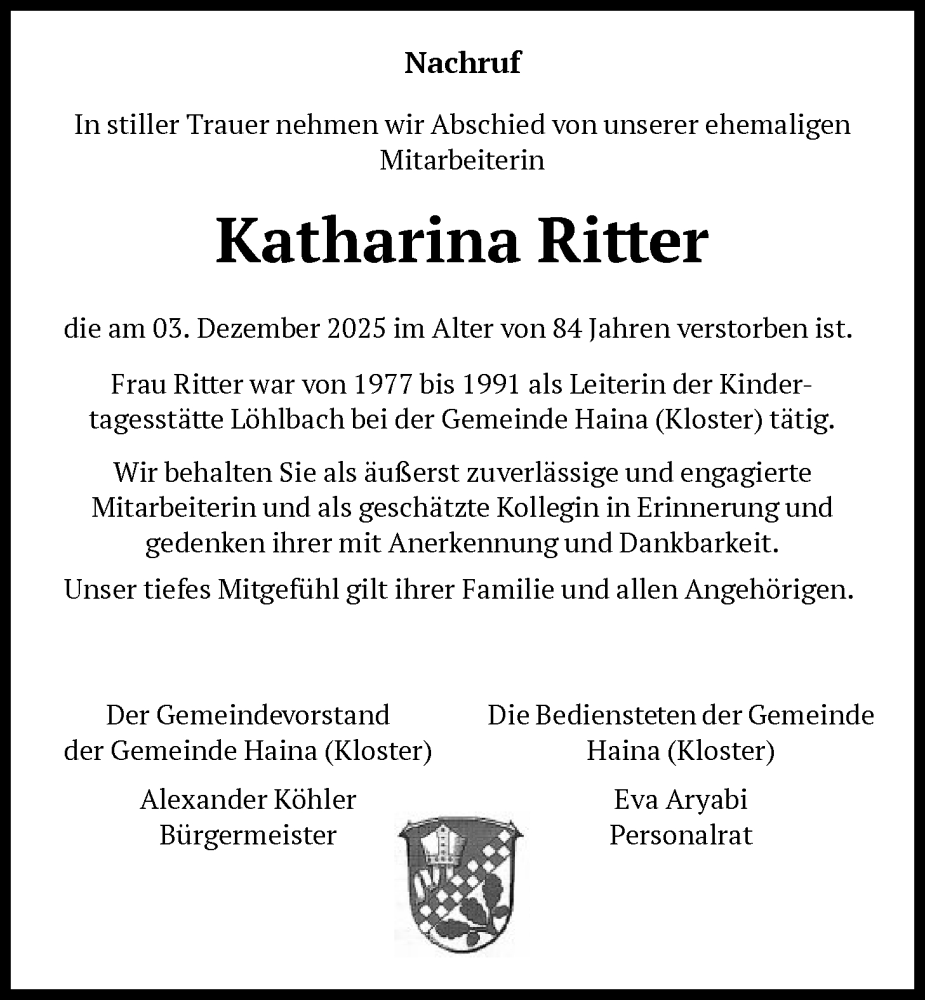  Traueranzeige für Katharina Ritter vom 18.12.2025 aus HNA