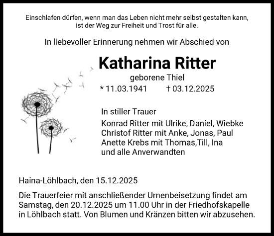 Traueranzeige von Katharina Ritter von HNA