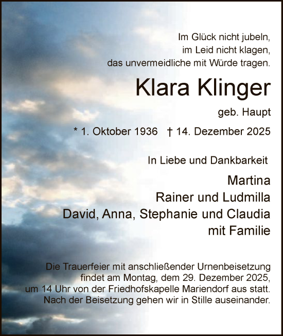 Traueranzeige von Klara Klinger von HNAHNA