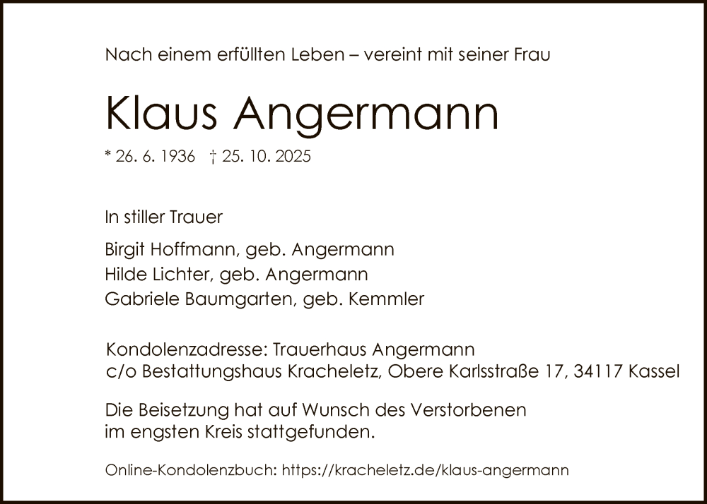  Traueranzeige für Klaus Angermann vom 13.12.2025 aus HNA