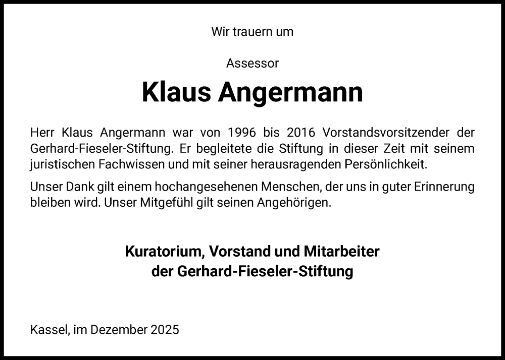  Traueranzeige für Klaus Angermann vom 13.12.2025 aus HNA
