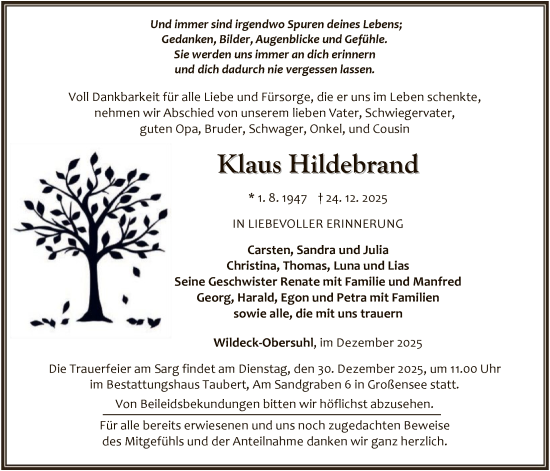 Traueranzeige von Klaus Hildebrand von HNA