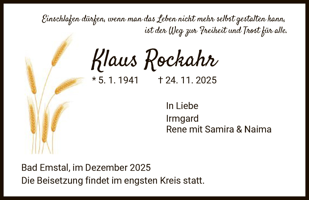  Traueranzeige für Klaus Rockahr vom 06.12.2025 aus HNA