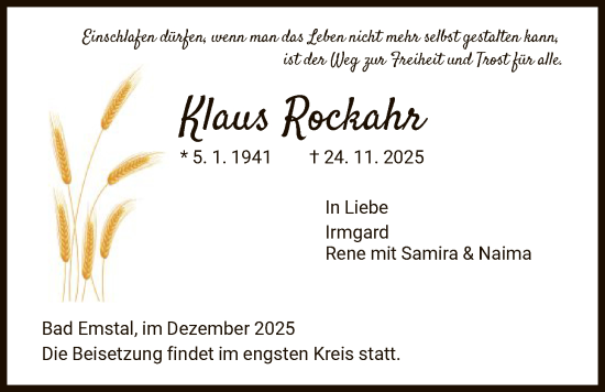 Traueranzeige von Klaus Rockahr von HNA