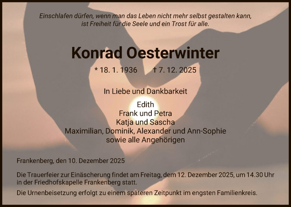  Traueranzeige für Konrad Oesterwinter vom 10.12.2025 aus HNA