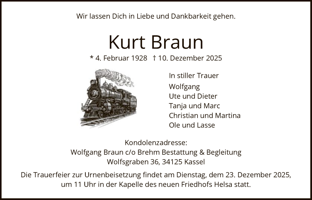  Traueranzeige für Kurt Braun vom 20.12.2025 aus HNA