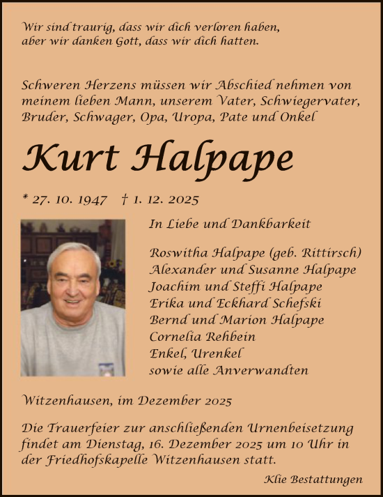 Traueranzeige von Kurt Halpape von HNA
