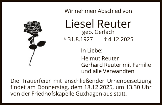 Traueranzeige von Liesel Reuter von HNA