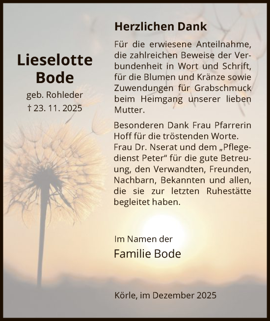 Traueranzeige von Lieselotte Bode von HNA