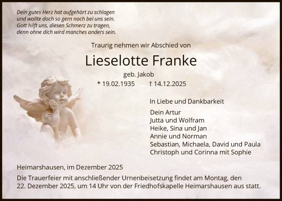 Traueranzeige von Lieselotte Franke von HNAHNA