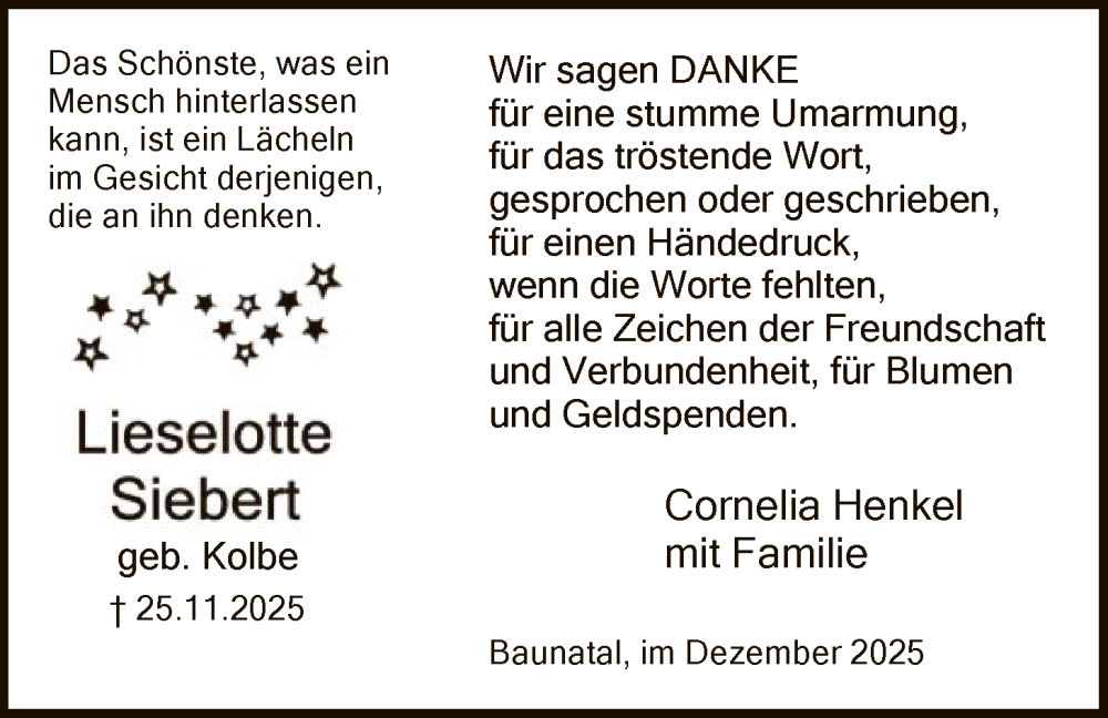  Traueranzeige für Lieselotte Siebert vom 20.12.2025 aus HNA
